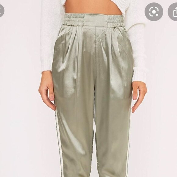 PrettyLittleThing Ahannon Sage Green Satin Side Stripe Boxer Jogger 0 NEW - Picture 5 of 14